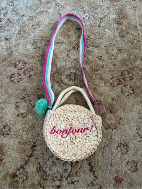 Vintage Gymboree Straw 'Bonjour' Round Crossbody Bag EUC embroidered gifts